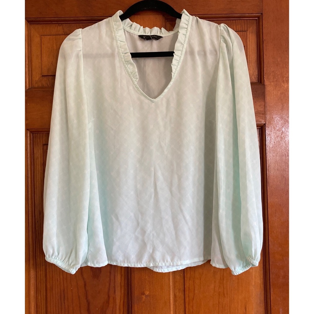 Banana Republic Womens M Mint Green Star Jacquard Ruffle V-Neck Sheer Blouse